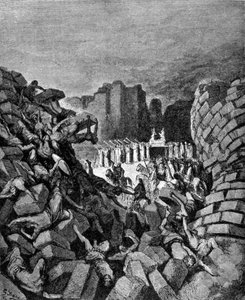 Die Mauern von Jericho stürzten unter dem Klang der Trompeten von Hosea ein, was den Hebräern ermöglichte, sie zu erobern. Buch Josua. Gravur des 19. Jahrhunderts von Unknown artist