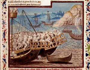 Der Gallische Krieg: „Die Landung der Truppen von Julius Caesar und der Sieg über die Briten“ Miniatur aus „Die Taten der Römer“ (oder Li Fet der Römer), zusammengefasst von Sallust und Sueton und Lucan von Unknown artist