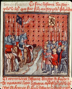 Die Waffen von Philipp IV. dem Schönen (1268-1314) am Ufer eines Flusses treffen auf eine feindliche Miniaturarmee aus „Die großen Chroniken von Frankreich“ 14. Jahrhundert Chantilly, Musée Condé von Unknown artist
