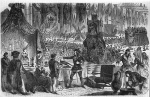 Das Gelübde des Fasans. Philipp III. der Gute, Herzog von Burgund (1396-1467), schloss sich am 17. Februar 1454 dem Kaiser von Konstantinopel zu einem Bankett im Hotel der Salle de Lille an. Gravur aus dem 19. Jahrhundert. von Unknown artist