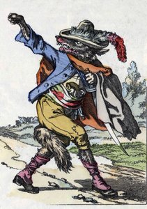 Der Wolf. Illustration des Märchens „Compère le Loup, Maître Renard, Comère la Chèvre und ihre kleinen Zicklein“ nach einer Fabel von Jean de La Fontaine. In „Märchen aus dem Heim für die Kleinen“. Anonyme Gravur aus dem 19. Jahrhundert