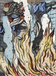 Der Wolf fällt ins Kaminfeuer. Illustration des Märchens „Compere le Loup, Maitre Renard, Comere la Chevre et ses petits biquets“ nach einer Fabel von Jean de La Fontaine. In „Märchen aus dem Heim für die Kleinen“. Anonyme Gravur des 19. Jahrhunderts von Unknown artist