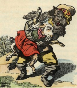 Der Wolf läuft mit dem kleinen Zicklein davon. Illustration des Märchens „Bon Médor und das kleine Zicklein“. In „Märchen aus dem Heim für die Kleinen“. Anonyme Gravur des 19. Jahrhunderts.
