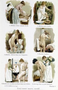 Die Frau, Hausärztin: Wasser als Heilmittel. 1. Waschung einer kranken Person im Bett, 2. Waschung durch Feuer, 3. Wechselbäder in einer Badewanne, 4. Regendusche, 5. Dusche mit einem Wasserhahnrohr einer Küche, 6. Bewässerung in einem kleinen Innenraum -  von Unknown artist