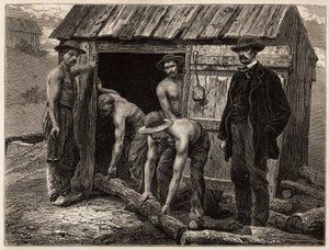Die Holzarbeiter der Montchanin-Mine, werfen sie in den geneigten Schacht; im Kostüm, der Chefingenieur der Mine überwacht die Manöver. Gravur zur Illustration einer Reise nach Creusot und den Minen von Saône und Loire, 1865, von L. Simonin, in „Le tour du