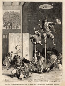 Theater Saltimbanques: Jongleure, Equilibristen und Akrobaten, die typischen der Edo-Region (Tokio), erkennbar an ihren Balanceakten mit falscher Nase aus Mist, dem Hauptattribut der Gottheit Tengu, Schutzpatron dieser Saltimbanques. Illustration der Reis von Unknown artist