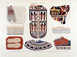 Theben, Hypogäen: 1.2.3.6.7.8. Malereien von Mumienhüllen 4.5. Details einer Fransen und einer gestreiften Leinwand, gefunden auf Mumien - in „Beschreibung von Ägypten“ 1809, Antiquitäten Bd. 2 Pl. 112