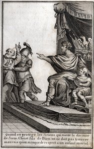 Theodosius I. (Flavius Theodosius) (347-395), römischer Kaiser, ließ Amphiloque, Bischof von Icone, wegen Respektlosigkeit gegenüber seinem Sohn Arcadius (377-408) verhaften. Der Bischof erklärte: "Wenn wir die Arianer schützen, die die Göttlichkeit Jesu C von Unknown artist