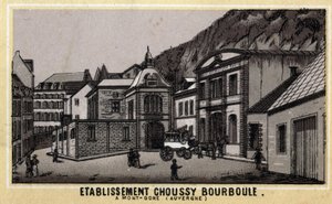 Thermalanlagen von Choussy in Bourboule im Monts Dore-Massiv, im Departement Puy-de-Dome in der Auvergne. Chromolithographie aus dem späten 19. Jahrhundert