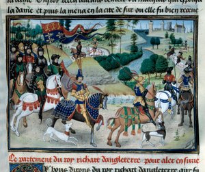 Dritter Kreuzzug: Richard Löwenherz (oder Richard I. von England (1157-1199)) segelte im Juni 1191 ins Heilige Land beim Aufbruch von Zypern. Miniatur aus „Chroniken der Kaiser“ von Loyset Liedet (1420-1479) 15. Jahrhundert. Paris, Bibliothek des Arsenal