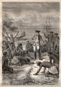 Dritte Reise (1776-1779) von Kapitän James Cook (1728-1779): Cook wird von den Eingeborenen (Hawaii) begrüßt - Illustration aus „Die großen Seefahrer des 18. Jahrhunderts“ von Unknown artist