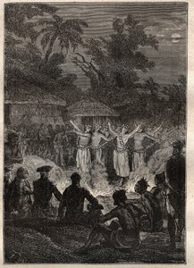 Dritte Reise (1776-1779) von Kapitän James Cook (1728-1779): ein Fest auf den Freundschaftsinseln (Königreich Tonga, Polynesien) - Illustration aus „Die großen Seefahrer des 18. Jahrhunderts“