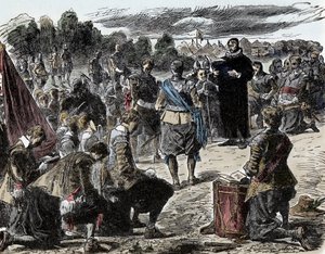 Dreißigjähriger Krieg: Schweden im Gebet vor der Schlacht von Lützen - Dreißigjähriger Krieg (1618-1648): König Gustav II. Adolf von Schweden (1594-1632) und seine Truppen versammeln sich vor der Schlacht von Lützen (1632) zu einer religiösen Feier
