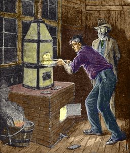 Thomas Edison experimentiert um 1879 mit Kohlenstoffpapier für die Glühlampe von Unknown artist