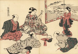 Drei Samurai hören einer Kurtisane zu, die Shamisen spielt, während ein Kamuro Essen auf einem Tablett bringt. Holzschnitt von Masanobu Okumura (1686-1764) aus Fuzoku Emakimono, Bildrolle des Wasserhandels, Tokio, Nachdruck um 1880. von Unknown artist