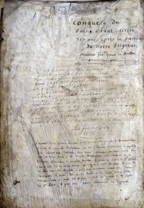 Titelblatt eines Manuskripts: Eroberung des Heiligen Grals, geschrieben 717 Jahre nach der Passion unseres Herrn. Bibliothèque municipale de Rennes, ms. 255 (Sammlung von Romanen der Tafelrunde)