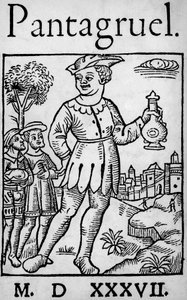 Titelseite der Ausgabe von 1537 von Pantagruel, von Francois Rabelais - Der Riese Pantagruel und zwei seiner Apostel, aus 