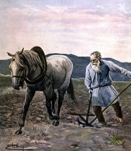 Tolstoi beim Pflügen. Gravur Ende des 19. Jahrhunderts von Unknown artist