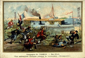 Tonkin-Kampagne: in Bac-Ninh greift ein chinesischer Hinterhalt das Kanonenboot „Carabiner“ an - Chromolithographie, Ende des 19. Jahrhunderts von Unknown artist