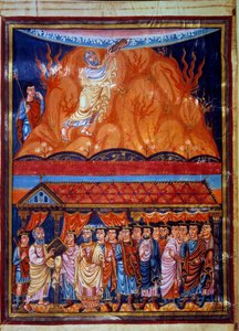 Oben: Moses empfängt die Gesetzestafeln, unten: Moses erklärt dem hebräischen Volk das Gesetz. Miniatur aus „Erste Bibel von Karl dem Kahlen“