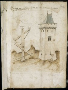 Turmmessgerät - Manuskript: Pergamentblatt aus einem Ingenieurshandbuch für den Bau ziviler, religiöser und militärischer Gebäude, anonym, spätes 15. Jahrhundert (Figur in chinesischer Tinte)