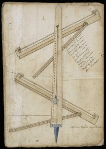 Turmmessmaschine - Manuskript: Pergamentblatt eines Ingenieurhandbuchs für den Bau ziviler, religiöser und militärischer Gebäude, anonym, späte 15. Jahrhundert (Figur in chinesischer Tinte)