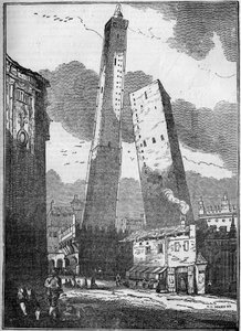 Türme von Bologna - der Asinelli-Turm und der kleinere Garisenda-Turm - Gravur 19. Jahrhundert von Unknown artist