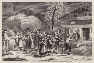 Traditionelles Läuten von Kuhglocken zur Feier des Einbringens der letzten Ernte im Alpbachtal, Tirol, Österreich (Gravur)
