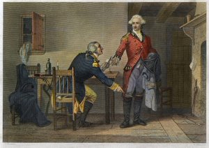 Verrat von Arnold - Unabhängigkeitskrieg oder Amerikanische Revolution (1775-1783) - Benedict Arnold (1741-1801) überzeugte Major John Andre (1750-1780), die Pläne von West Point bei ihrem Treffen am 21. September 1780 in seinem Stiefel zu verstecken. von Unknown artist