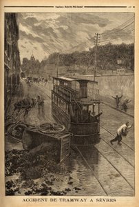 Straßenbahnunfall in Sèvres, Sachschaden aber keine Verletzungen. Gravur in „Le petit journal“ 24/01/1897. Selva-Sammlung von Unknown artist