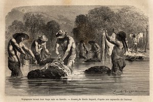 Reisende waschen ihre schmutzige Wäsche im Fluss, zusammen mit bolivianischen Peons, in der Nähe von Maniri (Unteres Peru). Gravur zur Illustration der Reise in die Täler von Quinquinas, von Paul Marcoy, 1849-1861, veröffentlicht in „Le tour du monde“ 1862 von Unknown artist