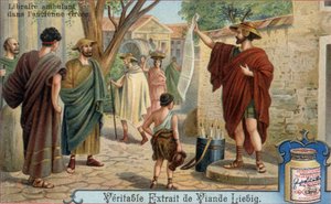 Reisender Buchhändler im antiken Griechenland. Chromolithographie, Liebig-Bild.