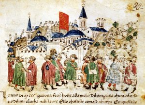 Reisende Pilger kommen in Rom an. 14. Jahrhundert. Chroniken Sercambi. Lucca, Nationalarchiv. von Unknown artist