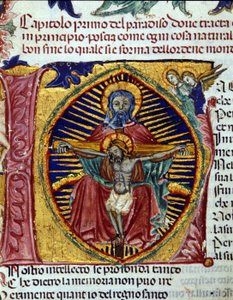 Trinität (die Taube des Heiligen Geistes ist im Bart des Vaters zu sehen). Illuminiertes Codex