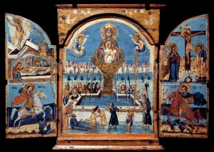 Triptychon der Jungfrau, Quelle des Lebens. Mitteltafel: Die Jungfrau überquert einen wundersamen Wasserbrunnen. Links die Auferstehung und die Kreuzabnahme. Unten ein Ritter (St. Georg), der einen Drachen niederschlägt. Rechts die Kreuzigung und ein Ritte von Unknown artist