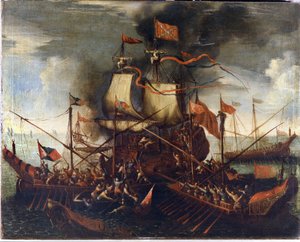Türkische Galeeren nähern sich einem venezianischen Schiff. Gemälde aus dem 17. Jahrhundert von Unknown artist
