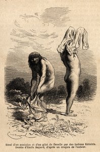 Zwei Siriniris-Indianer versuchen, Hosen und Westen anzuziehen, die ein Mitglied der Expedition am Ufer der Seen am Fuße des Mount Basiri (Peru) zum Trocknen aufgehängt hatte. Gravur zur Illustration der Reise in die Täler von Quinquinas (Peru), von Paul M von Unknown artist