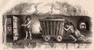 Zwei Kinder schieben einen Wagen in einer englischen Kohlenmine, ein drittes, der Trapper, öffnet eine Tür von Unknown