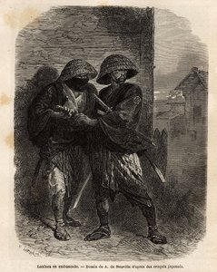 Zwei Ronins (Samurai, die ihren Meister verloren haben) stehen im Hinterhalt. Gravur zur Illustration der Reise nach Japan in den Jahren 1863-1864 von Aime Humbert, Minister der Schweizerischen Eidgenossenschaft, in „Le tour du monde, nouveau journal des v