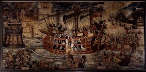 Typus religionis Eine Allegorie der religiösen Orden, das Schiff des Glaubens wird von religiösen Orden regiert, angeführt von Jesuiten. Die Gründer der verschiedenen Orden sind dargestellt: Ignatius von Loyola, Gründer der Gesellschaft Jesu, Franz von Ass