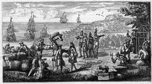 Entladung von Vorräten in den französischen Kolonien Amerikas. Federzeichnung platziert einen Kopf eines Memoire von Vauban über „Die Kolonien“ im Manuskript seiner „Oisivetes“ im Depot des Fortifications. Gravur in „La Nature: revue des sciences et d