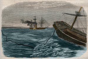 Unterwasser-Telegraphenleitungen: Das Verlegen eines Unterseekabels - Gravur von 1857