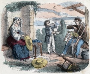 Verwendung von Stroh im 19. Jahrhundert: ein Mann polstert einen Stuhl mit Stroh, eine Frau flechtet Hüte (Korbflechterei), ein Kind macht Seifenblasen mit einem Strohhalm. Gravur Ende des 19. Jahrhunderts. von Unknown artist