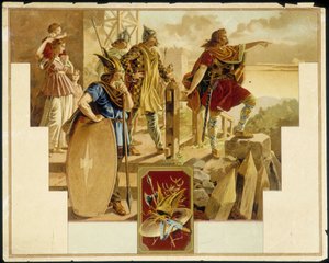 Vercingetorix, umgeben von Galliern, Kriegern, Frauen und Kindern (Chromolithografie) von Unknown artist