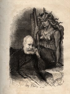 Victor Hugo sitzt mit einer Kriegsgöttin - Gravur aus „Das Schreckliche Jahr“ („L