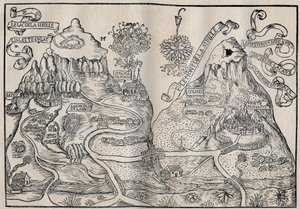 Ansicht des Mount Sibille (Paradies der Königin Sybille) (Doppelte Karte des Mount Pilatus und Mount Sibyl) - Antoine de La Sale (La Salle) französischer satirischer Schriftsteller des 15. Jahrhunderts