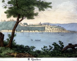 Ansicht der Stadt Quebec zu Beginn des 19. Jahrhunderts. Farblithographie.