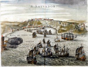 Ansicht von Salvador, früher bekannt als Bahia, Hauptstadt von Brasilien im Jahr 1549, als es gegründet wurde - Gravur aus dem 16. Jahrhundert von Unknown artist