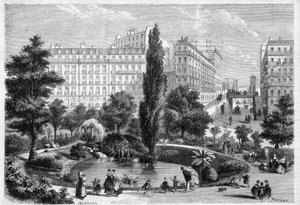 Ansicht des Square Montholon und der Brücke der Rue Bellefond in Paris im 9. Arrondissement. Gravur in „Das illustre Universum“