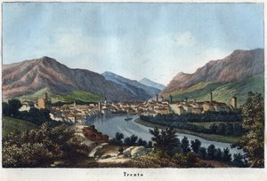 Ansicht von Trient (Südtirol, Italien) (Trento) - 19. Jahrhundert - Gravur aus „Usi e Costumi di Tutti i Popoli dell
